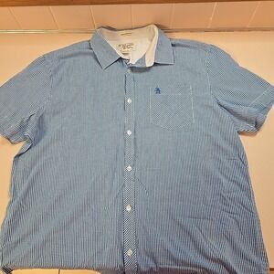 Penguin MunsingWear‎ Mens XL Heritage Slim Fit Grey Blue Short Sleeve Button Up